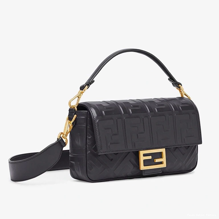 Cheap HOT Black Bag Medium In FF Motif Fendi Nappa Leather Baguette 0822